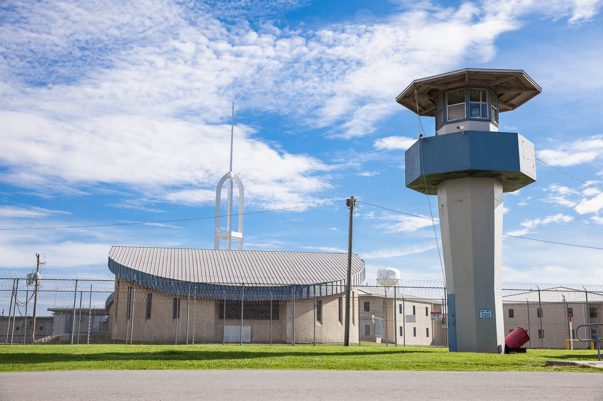 A prison chapel and guard tower at the Cummins Unit